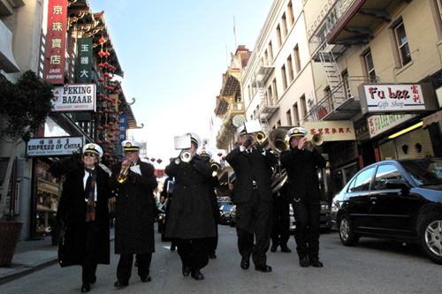 
                    The Green Street Mortuary band leads a funeral procession down Grant Street in San Francisco.
                                            (Julie Caine)
                                        